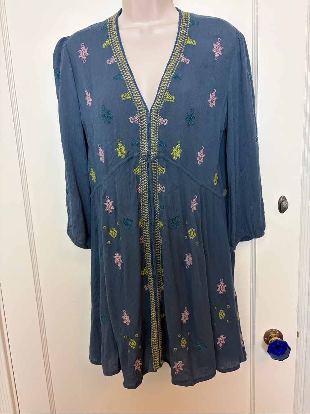 Free People Boho Embroidered Blue Dress